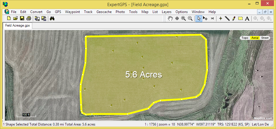 Automatically calculating the area of a farm field with ExpertGPS mapping software