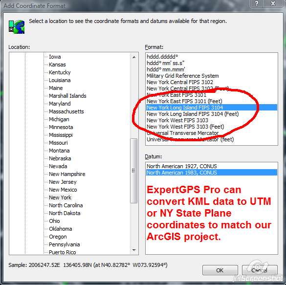 Converting KMZ data from lat/lon WGS84 to New York Long Island State Plane Coordinates, NAD83