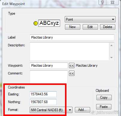Entering a GPS waypoint in New Mexico State Plane Coordinates, NAD83
