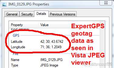 ExpertGPS writes latitude and longitude GPS data back to JPEG EXIF geotag fields