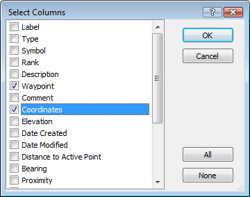 Select data columns in ExpertGPS map software