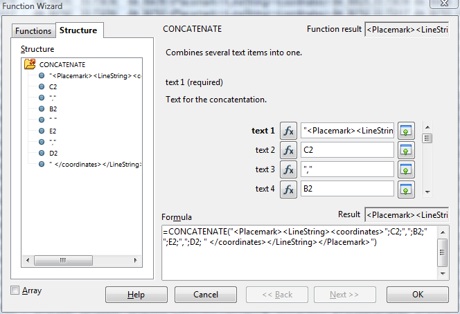 Using Concatenate in Excel to construct KML from CSV data