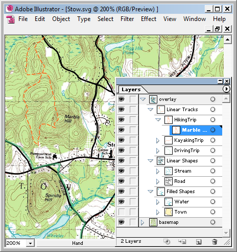 GPS tracklogs and GIS data (roads and streams) over USGS topo map converted to SVG and displayed in Adobe Illustrator