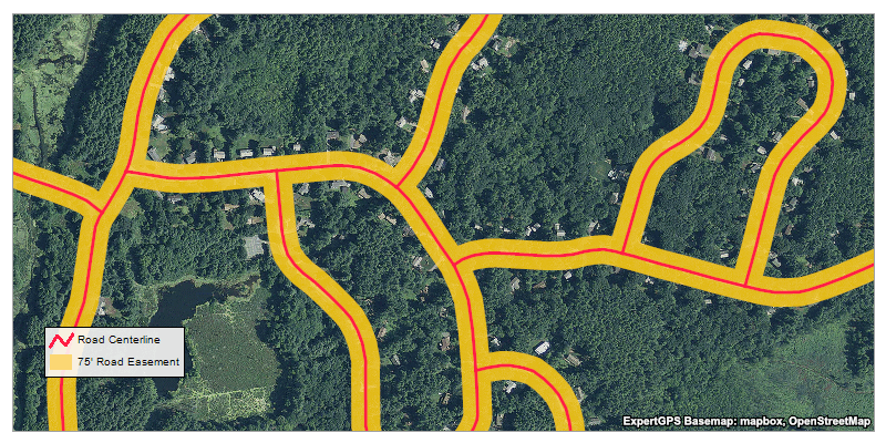 Road Centerlines after adding a 75' Road Easement with the Buffer command in ExpertGPS