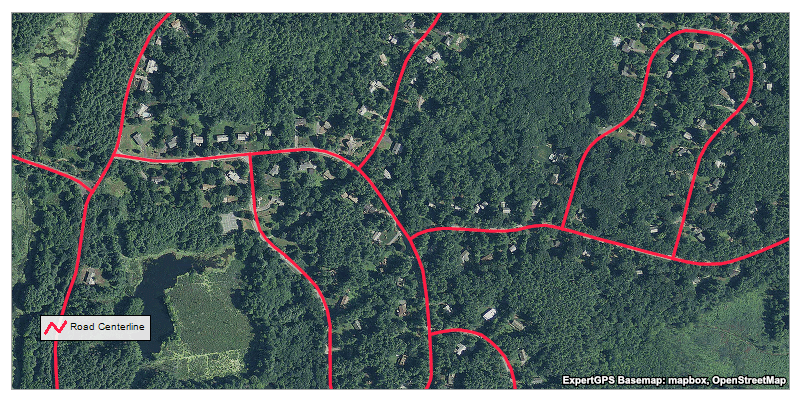 Road Centerlines before adding a 75' Road Easement with the Buffer command in ExpertGPS