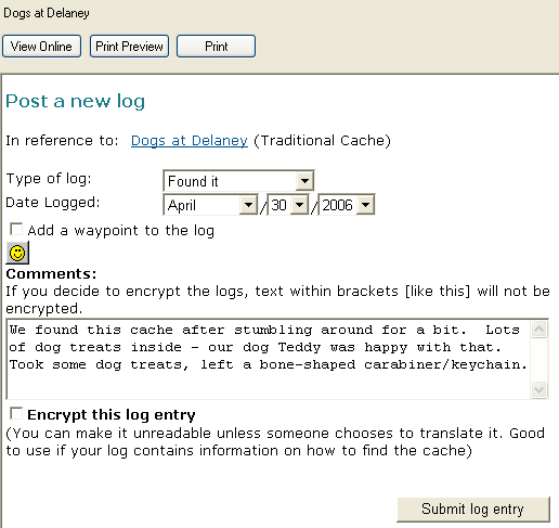 Post a New Log Web form