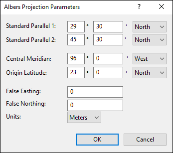 Albers Equal-Area Conic Projection Parameters dialog