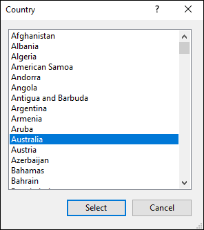 Select Country dialog