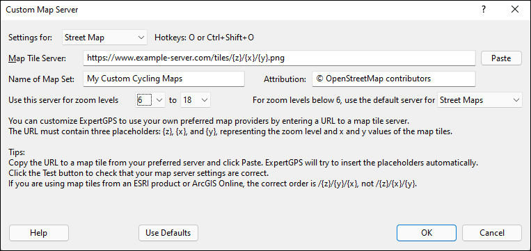 Custom Map Server dialog