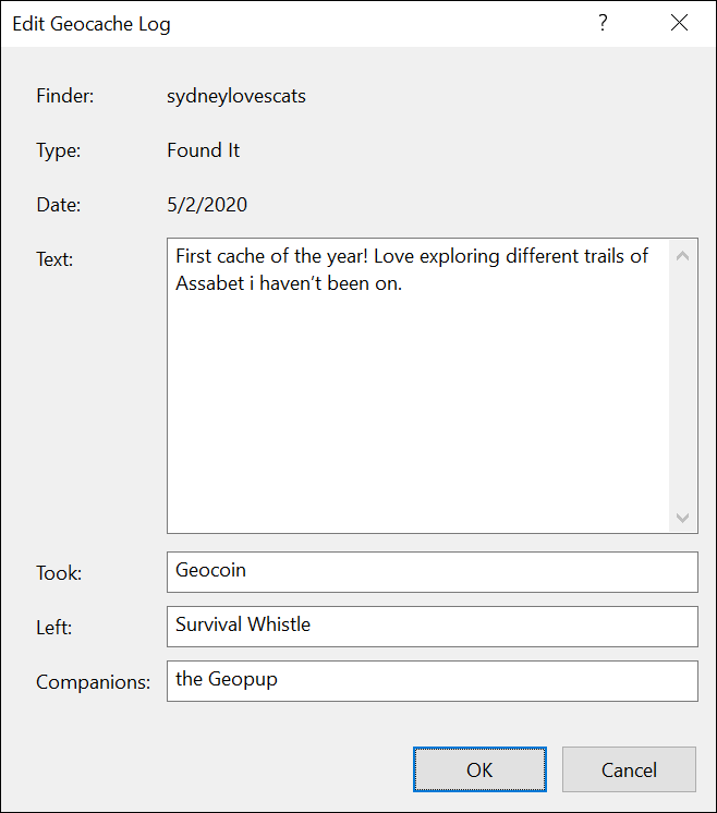 Edit Geocache Log dialog