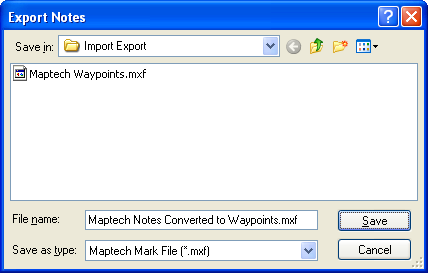 Export Notes to Maptech dialog