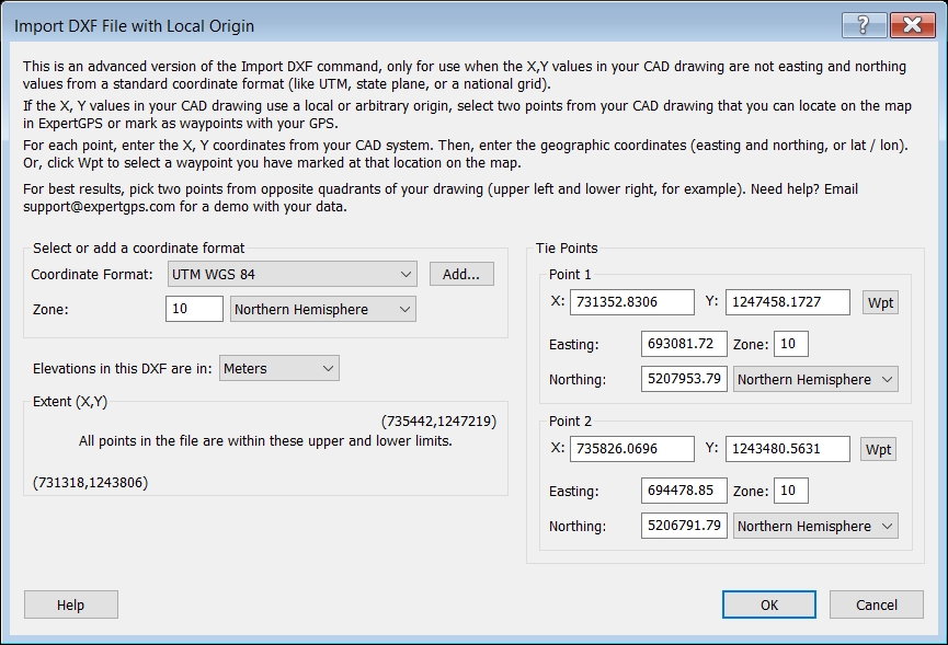 Import DXF File with Local Origin dialog