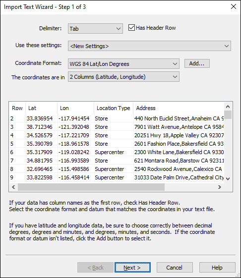 Import Text Wizard - Step 1 of 3