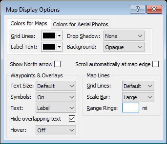 Map Display Options window