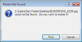 Photo Not Found dialog