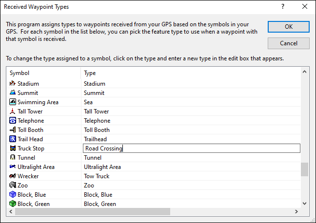 Received Waypoint Types dialog