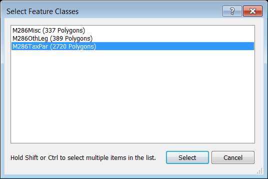 Select Feature Classes dialog