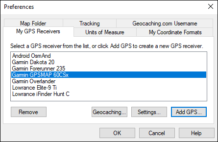 My GPS Receivers dialog