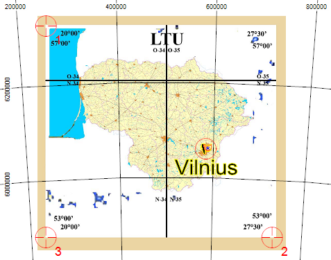 Map of Lithuania with LKS94 grid