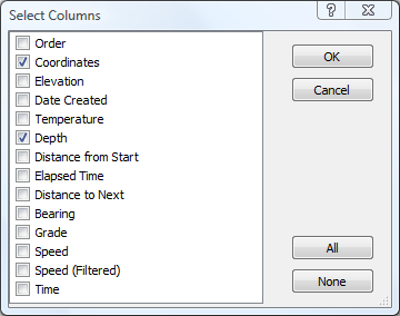 Lowrance Chartplotter Depth: enabling the depth and GPS coordinates columns for a Lowrance GPS track log