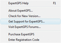 Click Get Support for ExpertGPS on the Help menu to access your account