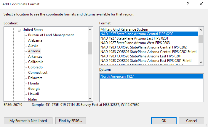 arizona coordinate and datum converter: arizona state plane, UTM, lat/long, NAD83, NAD27, WGS84