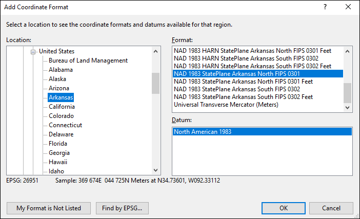 arkansas coordinate and datum converter: arkansas state plane, UTM, lat/long, NAD83, NAD27, WGS84