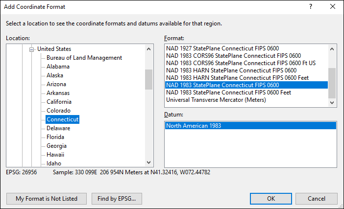 Connecticut coordinate and datum converter: Connecticut state plane, UTM, lat/long, NAD83, NAD27, WGS84