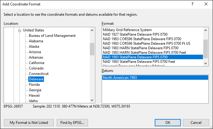 Delaware coordinate and datum converter: Delaware state plane, UTM, lat/long, NAD83, NAD27, WGS84