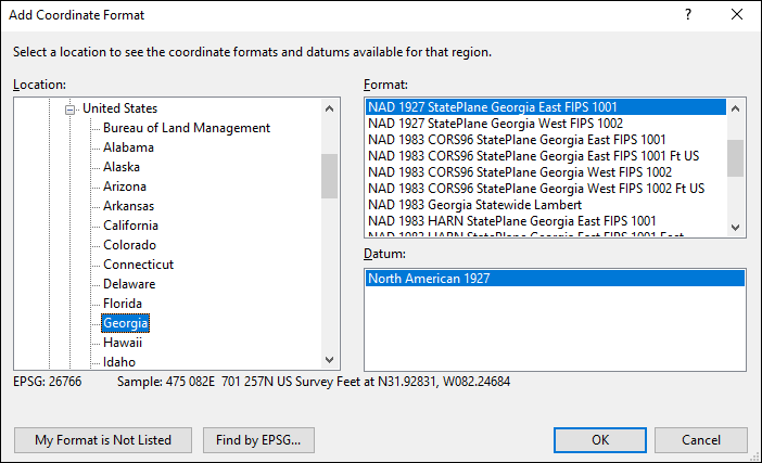 Georgia coordinate and datum converter: Georgia state plane, UTM, lat/long, NAD83, NAD27, WGS84