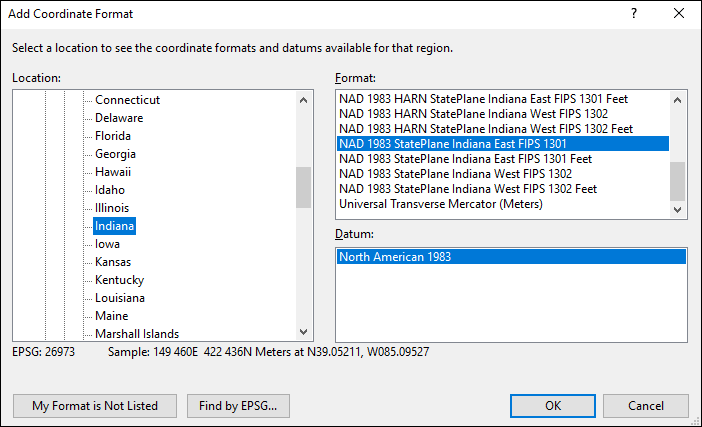 Indiana coordinate and datum converter: Indiana state plane, UTM, lat/long, NAD83, NAD27, WGS84