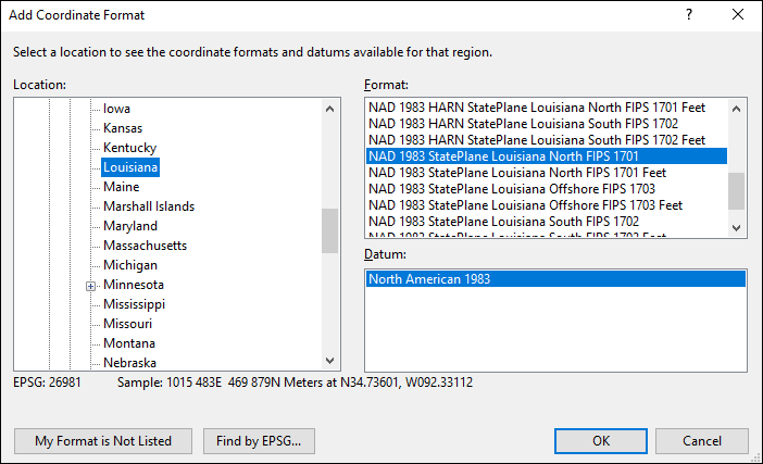 louisiana coordinate and datum converter: louisiana state plane, UTM, lat/long, NAD83, NAD27, WGS84