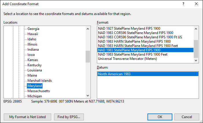 Maryland coordinate and datum converter: Maryland state plane, UTM, lat/long, NAD83, NAD27, WGS84