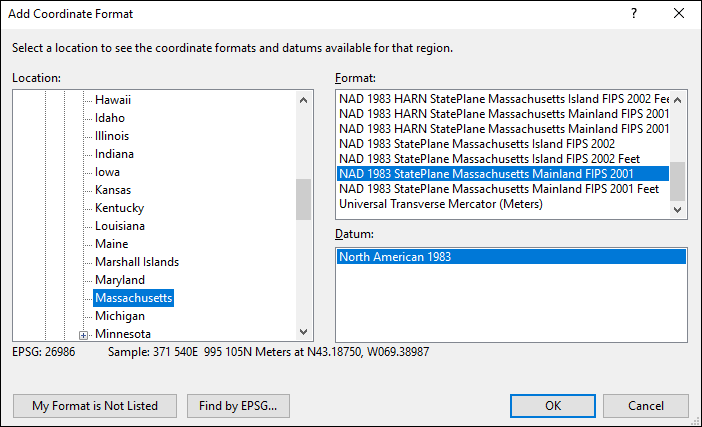 Massachusetts coordinate and datum converter: Massachusetts state plane, UTM, lat/long, NAD83, NAD27, WGS84