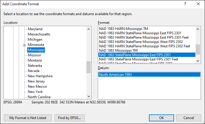 Mississippi coordinate and datum converter: Mississippi state plane, UTM, lat/long, NAD83, NAD27, WGS84