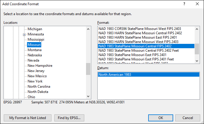 missouri coordinate and datum converter: missouri state plane, UTM, lat/long, NAD83, NAD27, WGS84