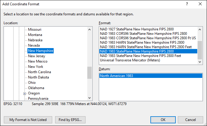 new hampshire coordinate and datum converter: new hampshire state plane, UTM, lat/long, NAD83, NAD27, WGS84