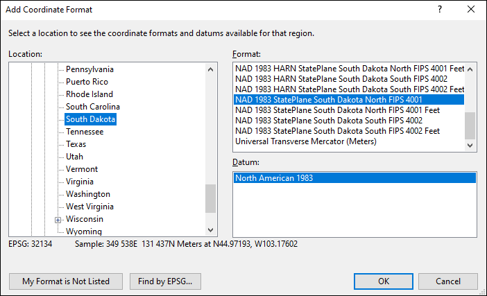 South Dakota coordinate and datum converter: South Dakota state plane, UTM, lat/long, NAD83, NAD27, WGS84