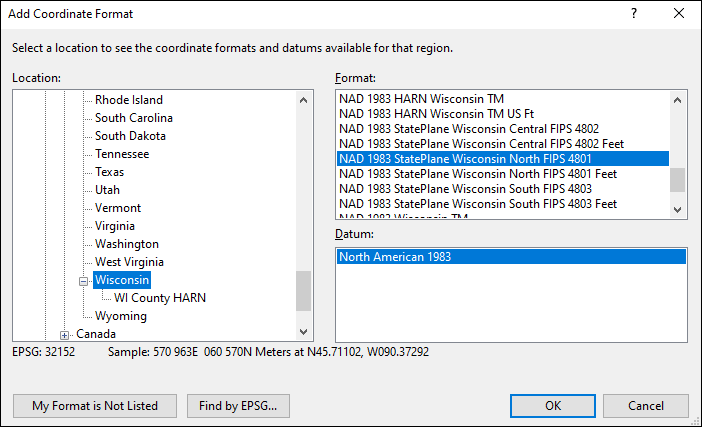 Wisconsin coordinate and datum converter: Wisconsin state plane, UTM, lat/long, NAD83, NAD27, WGS84