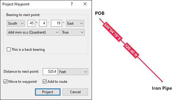 Use the Project Waypoint dialog in ExpertGPS to enter each of your property lines