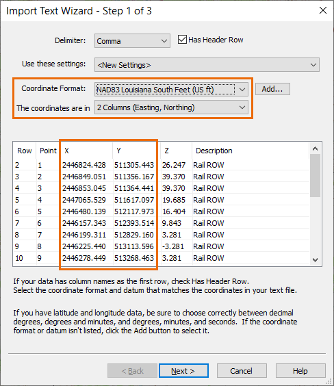 Importing CSV data containing state plane eastings and northings