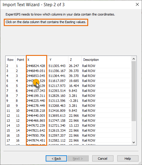 Importing PENZD point data into ExpertGPS map software