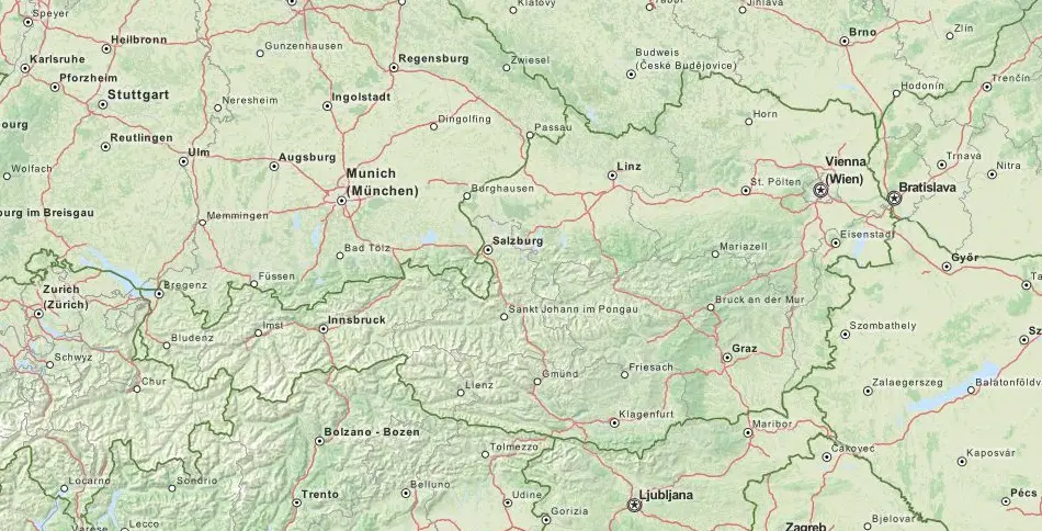 Map of Austria in ExpertGPS GPS Mapping Software