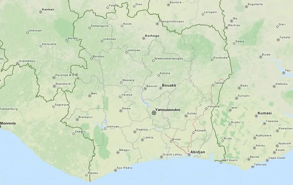 Map of Cote d'Ivoire in ExpertGPS GPS Mapping Software