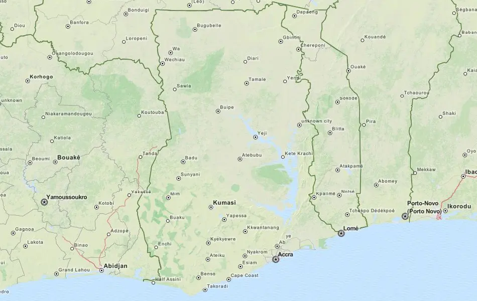 Map of Ghana in ExpertGPS GPS Mapping Software