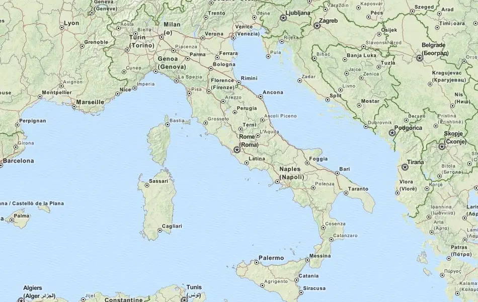 Map of Italy in ExpertGPS GPS Mapping Software