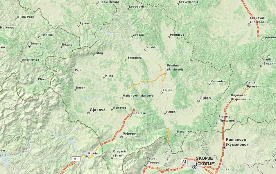 Map of Kosovo in ExpertGPS GPS Mapping Software