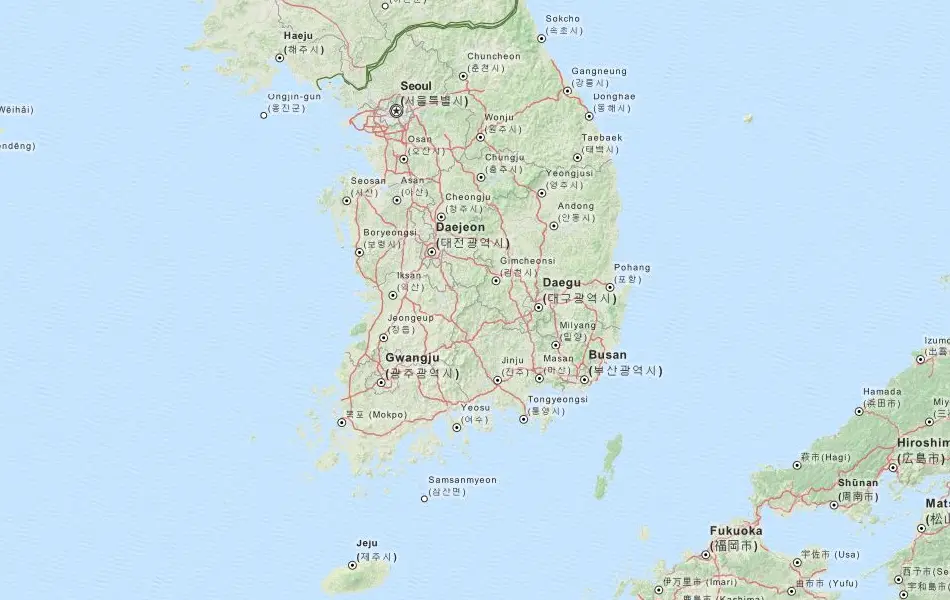 Map of South Korea in ExpertGPS GPS Mapping Software