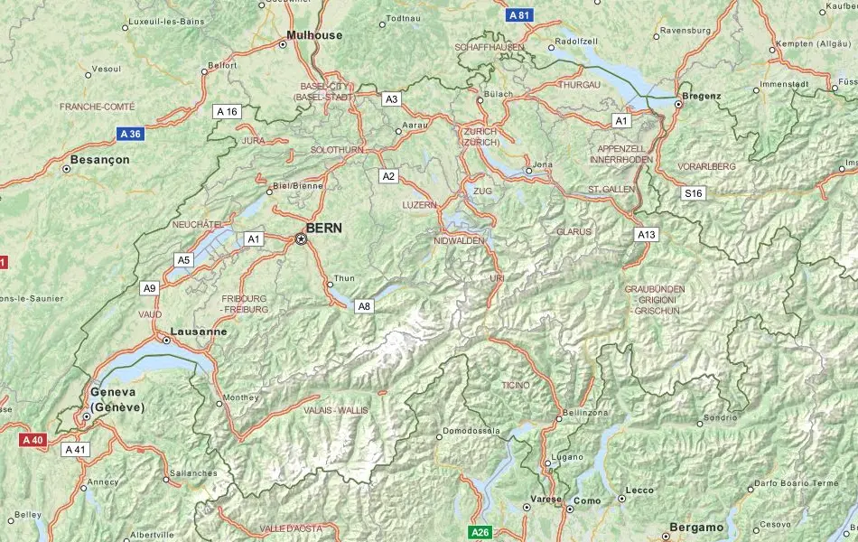 Map of Switzerland in ExpertGPS GPS Mapping Software