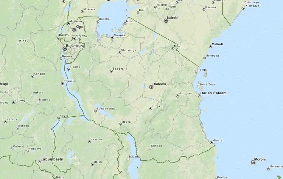 Map of Tanzania in ExpertGPS GPS Mapping Software